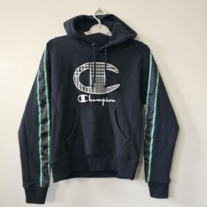 Champion Reverse Weave Hoodie Women's Size Small Pullover‎ Black Green Stripes